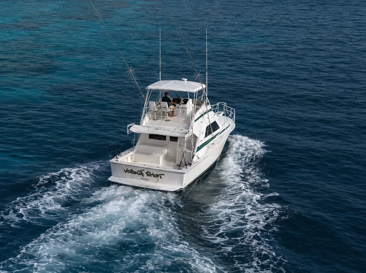 Side profile of Vodka Shot, the 42-ft Bertram sportfisher, at Iberostar Rose Hall Marina