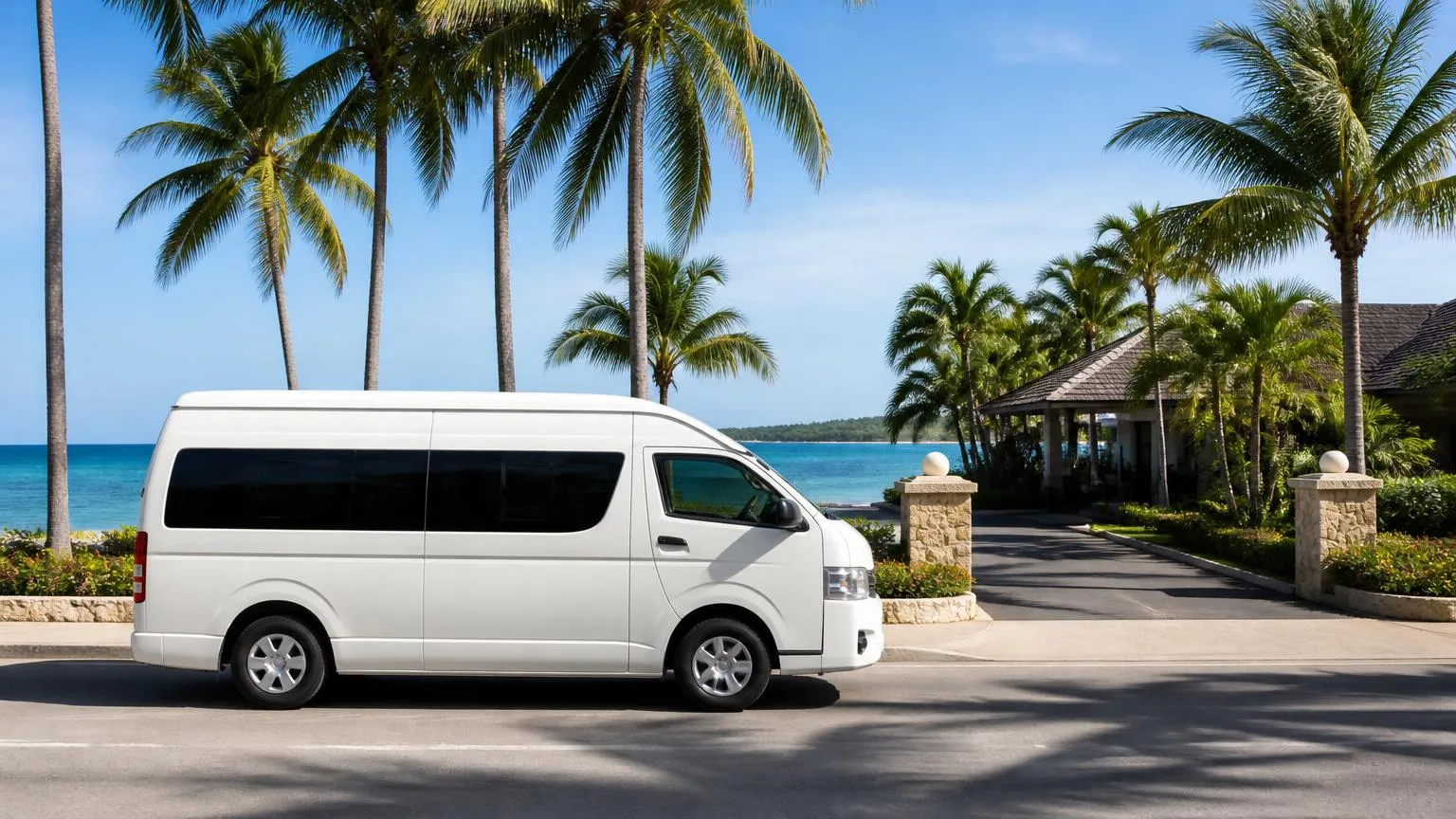 Transport vehicle waiting outside a Montego Bay resort to take guests to the marina
